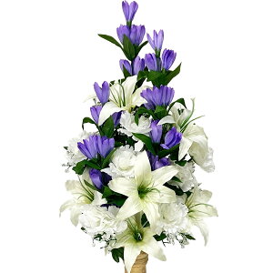 枯れない仏花 造花(百合+リンドウ)お供え お仏壇 ユリ カサブランカ 菊 榊 シルクフラワー お墓 【あす楽】 供花 キク 白 紫 パープル 【送料無料】 ペットにも安心