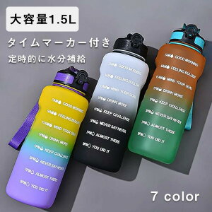 1.5リットルウォーターボトル タイムマーカーボトル グラデーションボトル 水筒 ワンプッシュボトル ドリンクボトル 大容量 軽量 軽い 耐熱 目盛り ストラップ ストロー 直飲み 漏れ防止 携