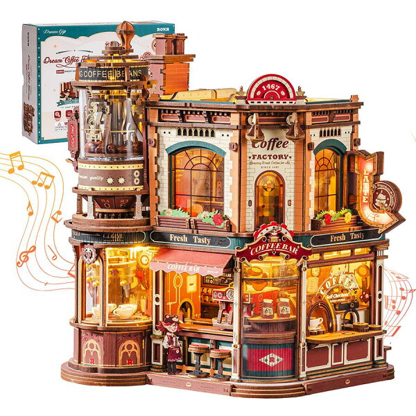 【SALE★1716円OFF】ROKR 立体パズル 木製 3D ウッドパズル 光の効果と音楽付き 可動式モデル インテリア装飾 雰囲気作り 玄関 工作キット DIY 組み立て オルゴール 暇つぶし 知育玩具 中学生 大人向け 初心者に最適   誕生日 「コーヒー工場」 音が鳴って、動く！