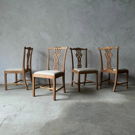 4脚セット 張替済 英国 アンティーク ダイニングチェア ストリップド 加工 マホガニー 木彫刻 イス 椅子 イギリス クラシック IZ64088F