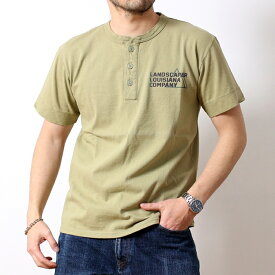 Pherrow's フェローズ Tシャツ 2024年 新作 24S-PHNT2 半袖 Tシャツ 厚手 ヘンリーネック 3つボタン デザイン LANDSCAPER プリント おしゃれ メンズ ブランド カジュアル アメカジ ワーク ミリタリー アウトドア ビンテージ ライトオリーブ オフホワイト 春 夏 (32-24sphnt2)