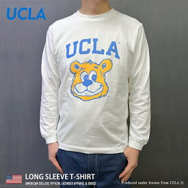 UCLA Tシャツ くま 長袖 ロンTee クルーネック カットソー カレッジロゴ ユーシーエルエー ベアー プリント オフィシャル 公式 ライセンス 西海岸 メンズ レディース ユニセックス トップス 丸首 綿100％ コットン ホワイト 白 Mサイズ Lサイズ XLサイズ (07-ucag086)