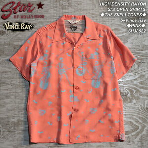 STAR OF HOLLUWOOD�X�^�[�I�u�n���E�b�h��HIGH DENSITY RAYON S/S OPEN SHIRTS����THE SKELLTONES��by Vince Ray��PINK��SH38622