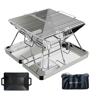 AMITSUNTOP 焚き火台 バーベキュー コンロ BBQ グリル 卓上コンロ 屋外での焚き火 コンパクトな折りたたみ収納ステンレス鋼 収納袋付き