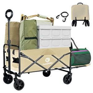 CampWild アウトドアワゴン 折りたたみ キャリーワゴン 自立収納式 後ろ開けキャンプワゴン 長物対応 容量が30%増加 耐荷重120kg コンパクト大容量 オックスフォードタープン アウトドア レジ