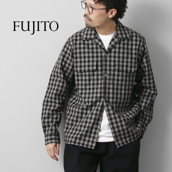 楽天市場】FUJITO（フジト） モノトーンチェック オープンカラーシャツ 