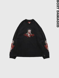 MASTERMIND WORLD × BETTY BOOP マスターマインド ワールド Tシャツ 長袖 ダメージ加工 ベティちゃん コラボ スカル ハート ボクシー フィット BOXY FIT MW25C15-TS208 BOXY DAMAGED L/S TEE