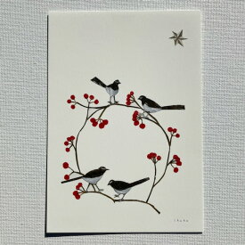 nishishuku 西淑　ポストカード　4羽の小鳥 赤い実