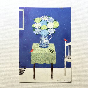 Yoko Matsumoto マツモトヨーコ ポストカード アジサイ テーブル 2羽の赤い小鳥