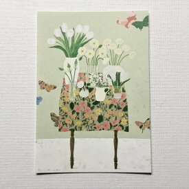 Yoko Matsumoto　マツモトヨーコ　ポストカード　テーブル　花柄のテーブルクロス　白い花　蝶