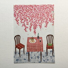 Yoko Matsumoto　マツモトヨーコ　ポストカード　「光の午後」赤い花　　チェックのテーブルクロス　テーブル　チェア　ハンバーガー　王冠