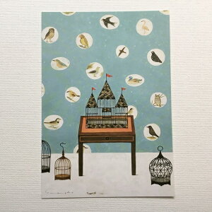 Yoko Matsumoto　マツモトヨーコ　ポストカード　ローテーブル　鳥柄の壁　4個の鳥かご