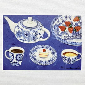 Yoko Matsumoto　マツモトヨーコ　ポストカード　ブルーのティーセット　ショートケーキ　いちご