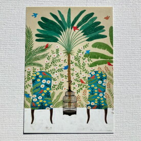 Yoko Matsumoto　マツモトヨーコ　ポストカード　赤と青の小鳥　2脚の鳥と花柄のチェア　植物の壁画