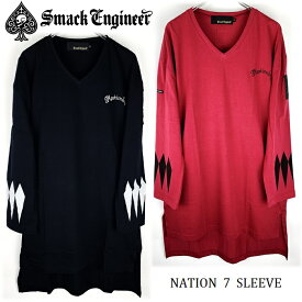 【25%OFF SALE】SMACK ENGINEER / スマックエンジニア「NATION 7 SLEEVE」ビッグVネックTシャツ オーバーサイズ BIGロンT ロング丈 7分袖 長袖 ワンピース 黒赤 ブラック ワインレッド スカル ドクロ スペード メンズレディース PUNK ROCK パンク ロック ステージ衣装 Rogia