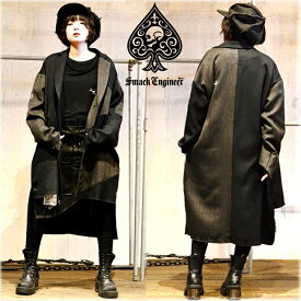 【20%OFF SALE】SMACK ENGINEER / スマックエンジニア「TWIN PEAKS COAT」セミロングコートジャケット バイカラー ヘリンボーン 黒 ブラック チャコール オーバーサイズ 断ち切り スペード スカル ドクロ メンズレディース PUNKROCK パンクロック バンド ステージ衣装 Rogia