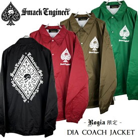 SMACK ENGINEER / スマックエンジニア「Rogia限定 DIA COACH JACKET」コーチジャケット ウインドブレーカー 黒ブラック 赤紫ワインレッド 緑カーキグリーン バックプリント スペード スカル ドクロ メンズレディース PUNKROCK パンクロック バンド フェス ステージ衣装 Rogia