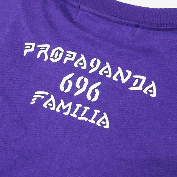 (20%OFF) PROPA9ANDA プロパガンダ「696 FAMILIA LS TEE」ロンＴ 長袖Ｔシャツ オーバーサイズ ロング 黒ブラック 紫パープル ピースマーク ロゴ 炎 大きい