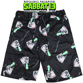 SABBAT13 / サバトサーティーン / サバト13「YOKAI TRUMP SHORTS」アロハショーツ ハーフパンツ 総柄 サテン 光沢 黒 ブラック ウエストゴム スカル ドクロ メンズ レディース ロゴ ロック パンク バンド フェス ROCK PUNK ギフトラッピング無料 ステージ衣装 Rogia