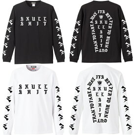 SKULLSHIT / スカルシット「Message "ROCK" Long Sleeve T-sh」長袖Tシャツ ロンT 袖プリント 棺 バックプリント 黒 白 ブラック ホワイト ドクロ メンズ レディース ROCK PUNK ロック パンク バンド フェス 骸骨祭り ギフト ラッピング無料 ステージ衣装 Rogia