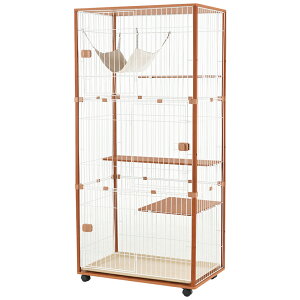 猫 キャットケージ ケージ 木製 キャットハウス ネコ ハウス 留守番 保護 脱走防止 多頭飼い 多頭 スチール 三段 (チーク)