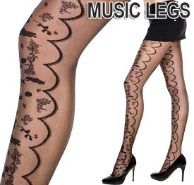 【メール便2点まで270円】【売り切り！】MusicLegs(ミュージックレッグ) フラワープリントシアーストッキング/タイツ 7233 ブラック エレガント ウェディング パーティー 黒 花柄 フローラルデザイン パンスト Mサイズ Lサイズ レディース フォーマル A376