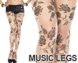 MusicLegs(ミュージックレッグ)ローズデザイン入りシアーストッキング/タイツ 7095 ベージュ×ブラック 薔薇柄 エレガント セレブ パーティー 結婚式 発表会 パンスト レディース ブライダル ウェディング 黒 A412