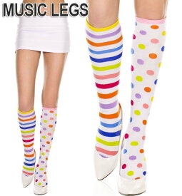 【メール便2点まで270円】MusicLegs(ミュージックレッグ) レインボードット×ボーダー柄ソックス 5700 ピエロ コスチューム コスプレ ダンス衣装 ダンサー 靴下 派手 カラフル ハイソックス 水玉 レインボー チアガール ハロウィン 8A9