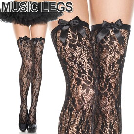 MusicLegs(ミュージックレッグ)サテンリボン付きフローラルレースサイハイストッキング/タイツ ML4516 黒 ブラック ニーハイ オーバーニータイツ エレガント フォーマル レディース パンスト パーティー ウェディング 発表会 A671