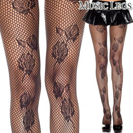 【メール便2点まで270円】MusicLegs(ミュージックレッグス) ローズデザイン入り スパンデックス パンティストッキング ML50009 薔薇 バラ柄 黒 ブラック パンティストッキング 網タイツ ネットタイツ パンスト レディース 花柄 フォーマル エレガント ウェディング A1651