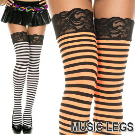 【メール便3点まで270円】MusicLegs(ミュージックレッグス) レーストップボーダーサイハイタイツ/ストッキング ML4740 ブラック ホワイト オレンジ 黒白 ハロウィン 囚人 コスプレ衣装 A074-A075