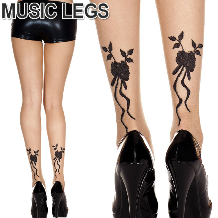 MusicLegs ミュージックレッグス バックフラワーシアータトゥーストッキング タイツ ML7285 tattoo ベージュ レディース 新着 メーカー公式 フローラル 花柄 パーティー ブラック エレガント A831
