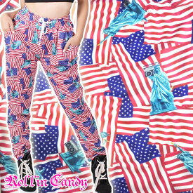 アメリカ国旗×ラジカセ&自由の女神柄 ロングパンツ B105
