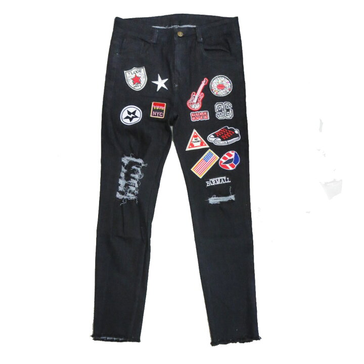 楽天市場】クラッシュ加工 ワッペン付きデニムパンツ B系 ストリート系 