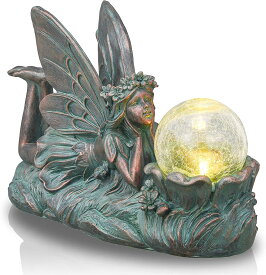 妖精ガーデン彫刻　ガラス玉のソーラーライト付き彫像 ブロンズ風 庭の装飾彫刻置物(輸入品