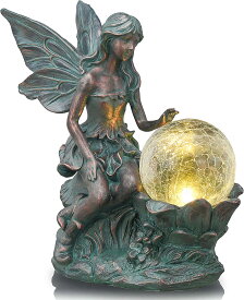 妖精のガーデン彫刻 ソーラーライト付き ガラスグローブ置物彫像 ブロンズ風フィギュア庭園アート(輸入品