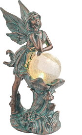ソーラーガーデン 妖精彫像、屋外緑青ブロンズ風彫刻、ガラスグローブ付 庭の置物(輸入品