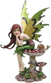 キノコ茸に座り考え事をする緑の妖精フェアリー彫像 アート彫刻 高さ15.9cm装飾置物 書斎 カフェ ギフト 贈り物 輸入品