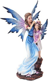 高さ 約22.9cm 母親と女の子の、青い翼の妖精フェアリー彫像置物 妖精の装飾彫像 贈り物 輸入品