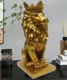 高さ35cm王冠を被ったゴールド ライオン彫像百獣の王ギフト装飾インテリア置物彫刻幸運アート工芸リビング贈物輸入品