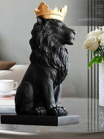 高さ35cm王冠を被ったブラック ライオン彫像百獣の王ギフト装飾インテリア置物彫刻幸運アート工芸贈物輸入品