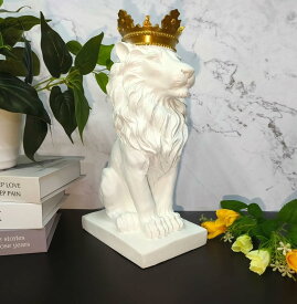 高さ35cm王冠を被ったホワイトライオン彫像百獣の王抽象的なライオンキングインテリア置物彫刻幸運アート工芸贈物輸入品