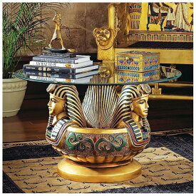 ツタンカーメンの3つの頭部、台座彫刻を持つガラステーブル置物 彫像/ピラミッド 神殿 王宮 エスニックカフェ 記念 プレゼント贈物（輸入品