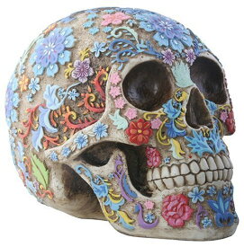 デイ・オブザ・デッド カラフルな花柄模様スカルヘッド（頭蓋骨）インテリア彫像 彫刻/サンタムエルテ 死者の日 プレゼント 贈り物（輸入品