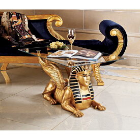 古代エジプト ゴールデン・スフィンクス彫刻台座 ガラストップ テーブル 彫像/ ピラミッド 貴賓室 VIPルーム プレゼント贈り物（輸入品