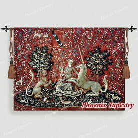 西洋美術 「視覚」 貴婦人と一角獣（ユニコーン）中世アート 美しいジャガード織り 壁掛けタペストリー 中世美術 壁装飾 アート ファインタペストリ