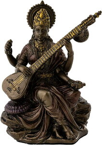 小さな サラスワティー(サラスヴァティー)弁財天(弁才天)-ヒンズー教 音楽、芸術、知恵の女神 ブロンズ風彫像 彫刻 高さ 約7.6cm
