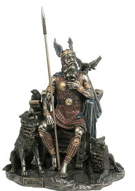 狼と烏をつれ、槍を持って座っている 北欧神 オーディン ブロンズ風彫像/ 戦争と死の神 詩文の神 ファンタジー プレゼント贈り物（輸入品）