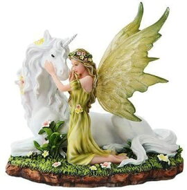 西洋彫刻 緑の翼のある妖精(フェアリー)と魔法のユニコーン像の置物 彫像/ 伝説 神話 聖霊 森の精 （輸入品