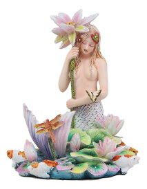 虹色の池のほとりで、花の傘を持って、トンボや鯉と戯れる、マーメイド（人魚）彫像 海のセイレーン（妖精）彫刻置物 アリエル リトルマーメイド ポセイドン 水族館 ビーチカフェ プレゼント(輸入品)